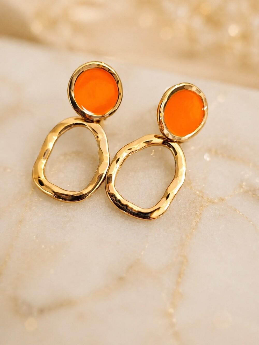 Gold Drop Earrings with Orange Accent